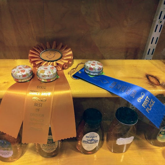 Beeswax lip balm entry on display with lip balm category blue ribbon for first place and gold rosette for Cosmetics Division Best