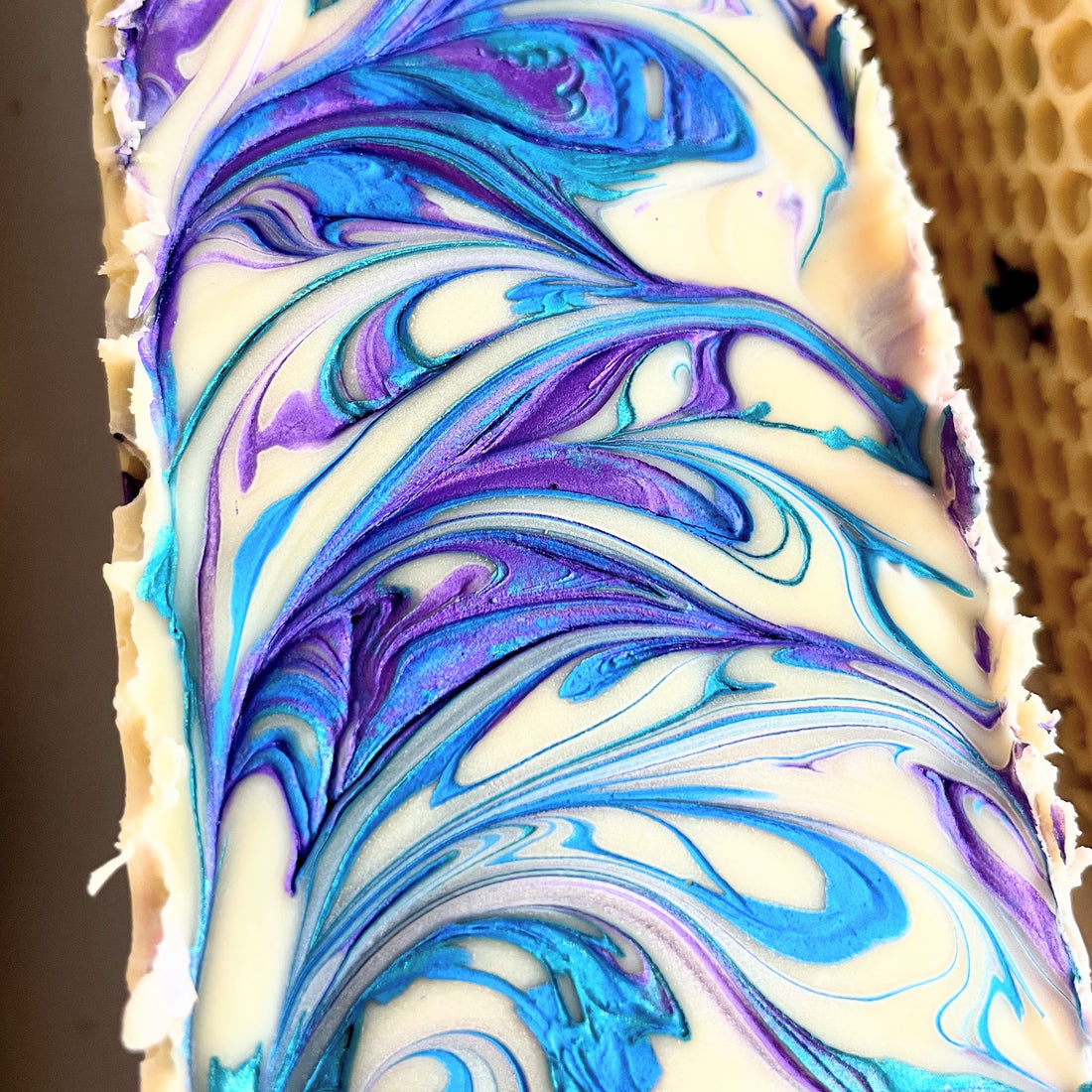 Natural rosemary honey soap. Handcrafted with lovely mica swirls of purple and blue.
