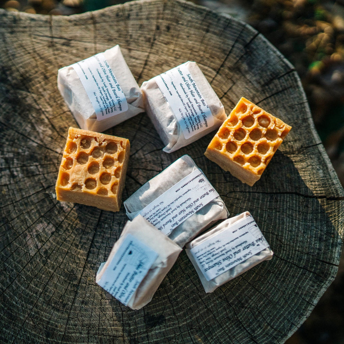 Handcrafted solid shampoo bars on a tree stump in the golden glow of the afternoon sunlight.