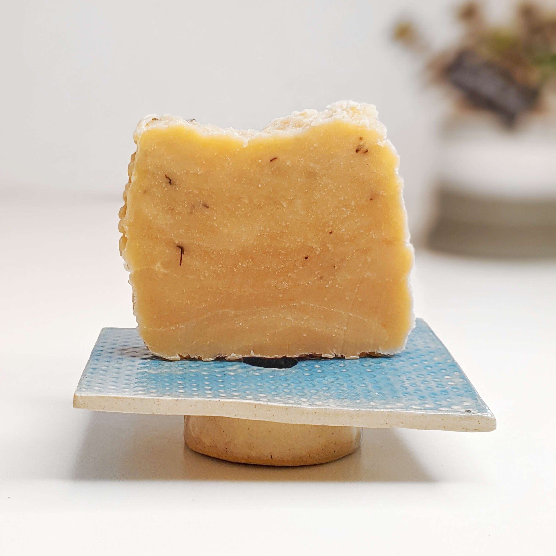 Blue water soap dish with honey soap