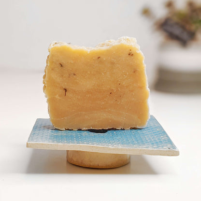 Blue water soap dish with honey soap