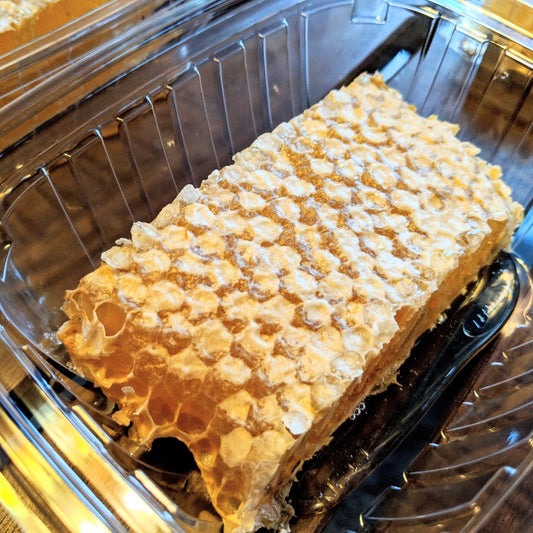 An inviting slice of honey comb in a deli container.
