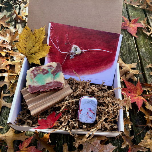 A gift box with a honey soap, a wooden soap dish, a salve, and a set of 4 cards: nest on twig.