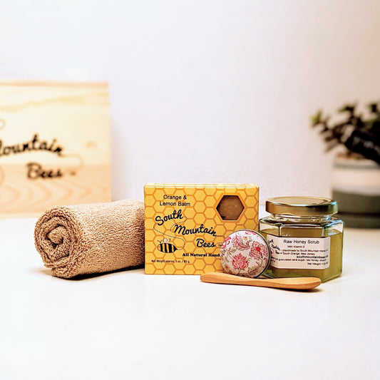 The Relax Dream Box is filled with skin loving products: a raw honey scrub with bamboo spoon, two of our best selling award winning products: a honey soap and a lip balm, and a hotel quality 100% cotton washcloth.