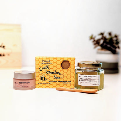 The Renew Dream Box is filled with skin renewing products: s Shea butter and vitamin E moisturizer, a raw honey scrub with bamboo spoon, and our best selling and award winning honey soap.