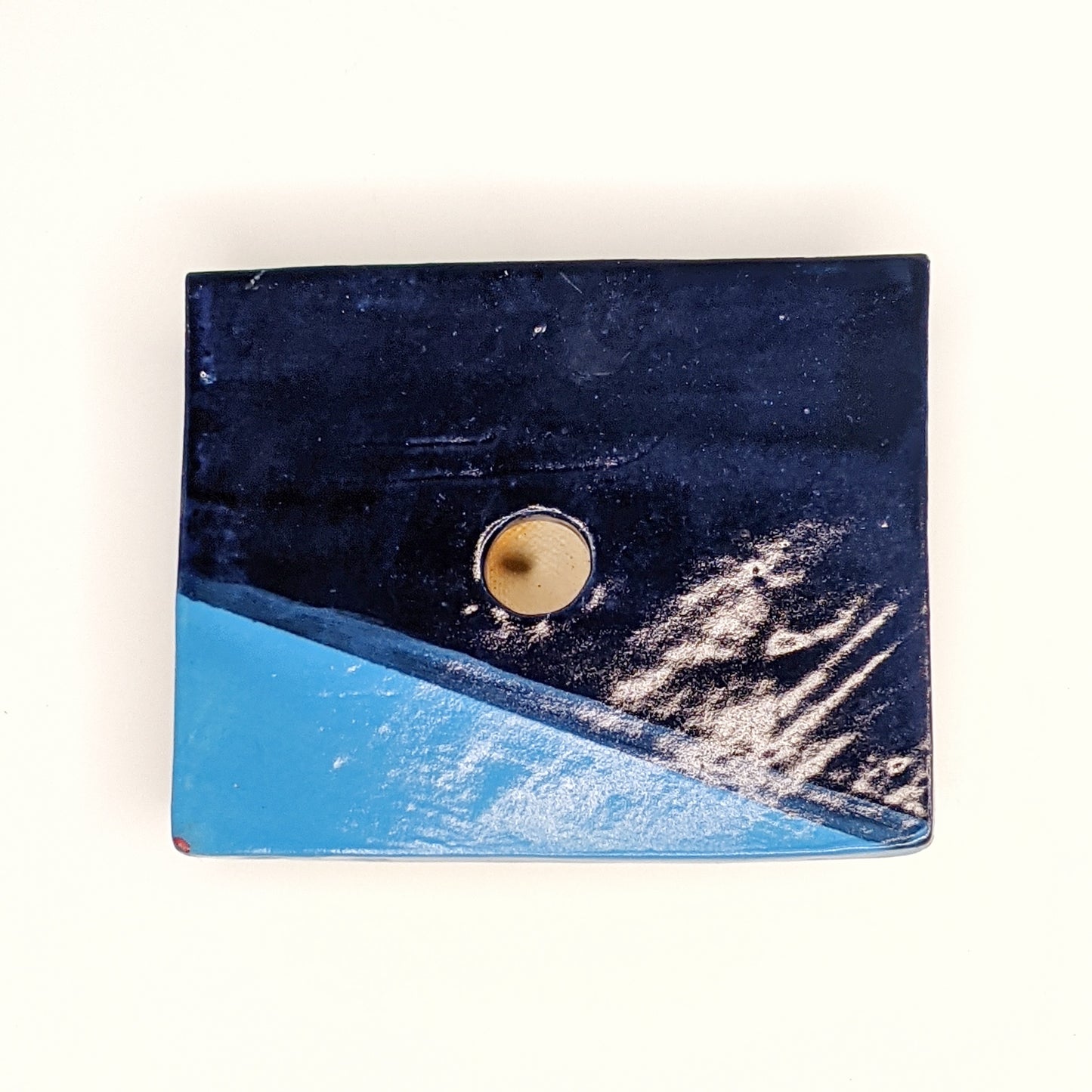 One of a kind soap dish in vibrant nigh blue and sky blue inspired by a wave on the shore.
